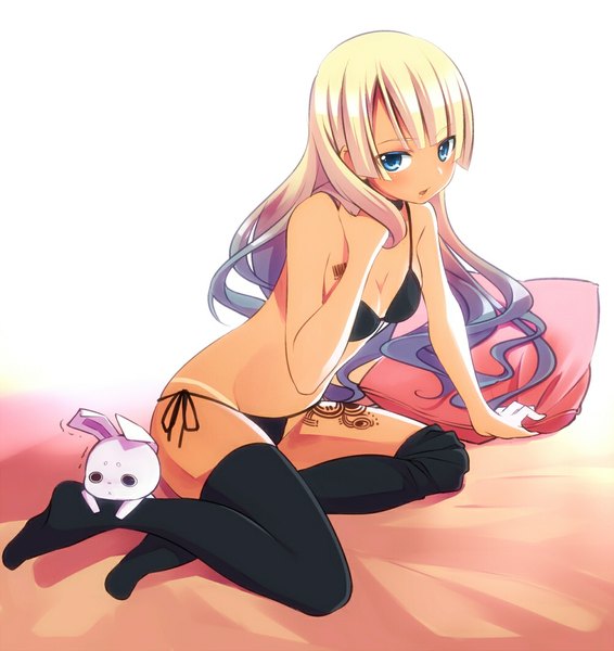 Anime picture 1000x1060 with original sama (artist) single long hair tall image blush open mouth blue eyes light erotic blonde hair sitting multicolored hair tattoo tan tan lines girl thighhighs black thighhighs swimsuit animal