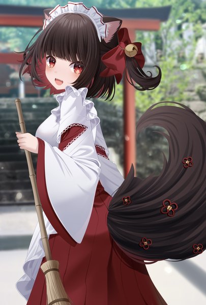 Anime-Bild 1971x2917 mit original sapphire (sapphire25252) single tall image looking at viewer fringe highres short hair open mouth smile red eyes brown hair animal ears tail blunt bangs traditional clothes japanese clothes animal tail looking back multicolored hair