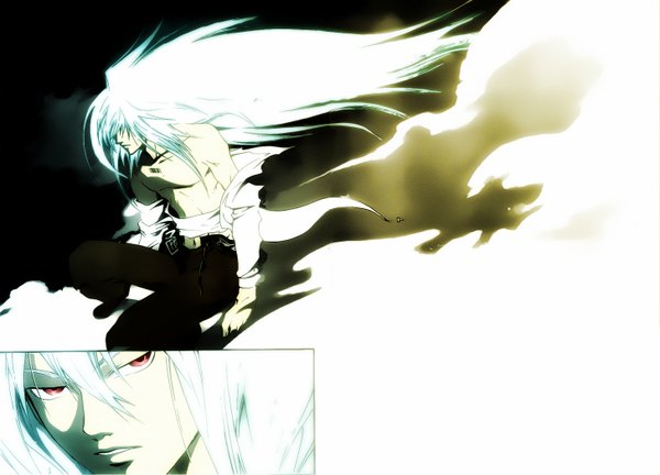Anime picture 1456x1050 with code: breaker kinema citrus tenpouin yuuki akimine kamijyo (artist) long hair looking at viewer red eyes bare shoulders white hair wind torn clothes smoke multiview hair over eyes boy shirt belt cape pants barcode
