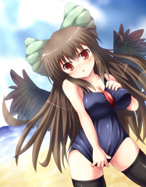 Anime picture 1404x1800 with touhou reiuji utsuho single long hair tall image light erotic black hair red eyes black wings girl thighhighs bow black thighhighs swimsuit hair bow wings one-piece swimsuit