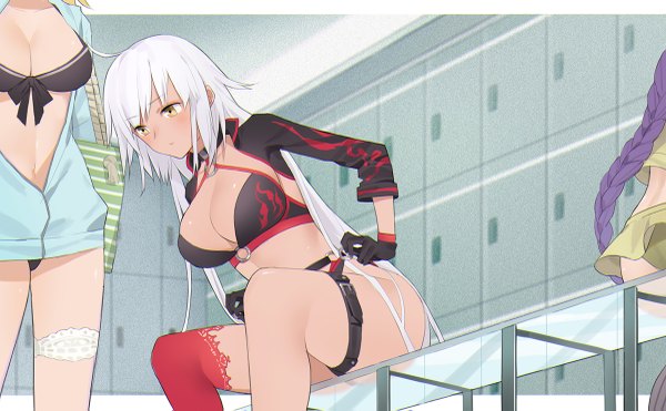 Anime picture 1200x743 with fate (series) fate/grand order jeanne d'arc (fate) (all) jeanne d'arc alter (fate) jeanne d'arc alter (swimsuit berserker) (fate) bb (fate) (all) jeanne d'arc (swimsuit archer) bb (swimsuit mooncancer) (fate) neee-t long hair blush fringe breasts light erotic blonde hair wide image large breasts standing sitting multiple girls