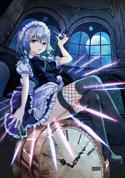 Anime picture 2894x4093 with touhou izayoi sakuya yamanakaume single tall image looking at viewer fringe highres short hair breasts open mouth hair between eyes red eyes sitting holding silver hair indoors braid (braids) arm up night