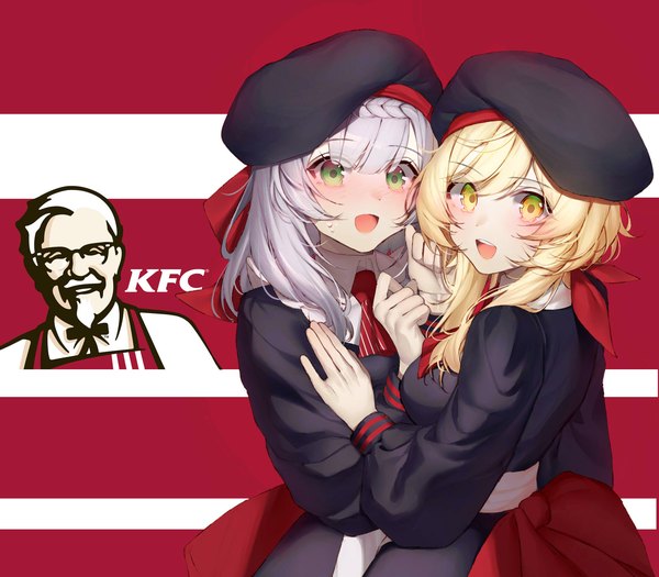 Anime picture 1700x1487 with genshin impact kfc (company) lumine (genshin impact) noelle (genshin impact) noelle (kfc) (genshin impact) colonel sanders shotgunman long hair looking at viewer blush fringe open mouth simple background blonde hair smile multiple girls green eyes yellow eyes payot silver hair