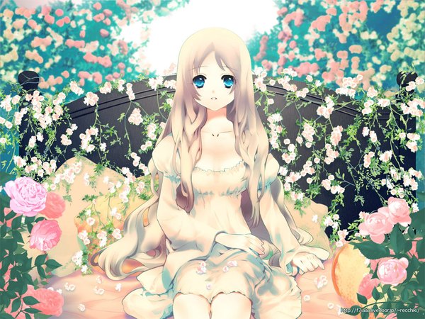 Anime picture 1024x768 with original 888 long hair looking at viewer blue eyes blonde hair sitting signed girl dress flower (flowers) pillow rose (roses) bed