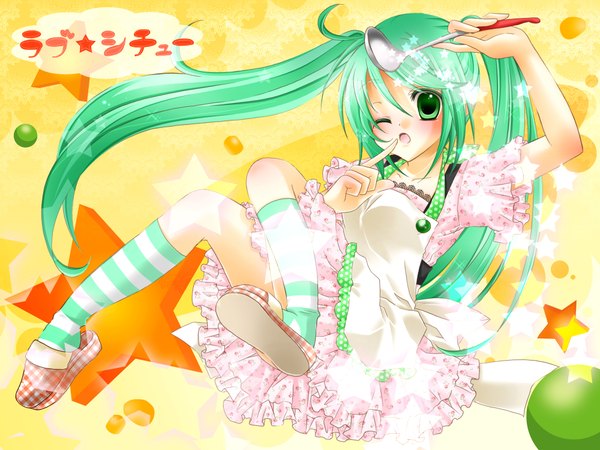 Anime picture 2000x1500 with vocaloid hatsune miku highres green eyes green hair loli girl dress apron