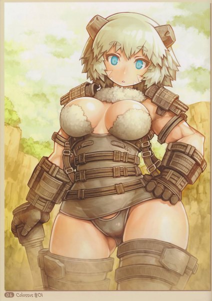 Anime picture 1200x1699 with shadow of the colossus (game) single tall image looking at viewer short hair breasts blue eyes light erotic blonde hair scan hand on hip girl armor