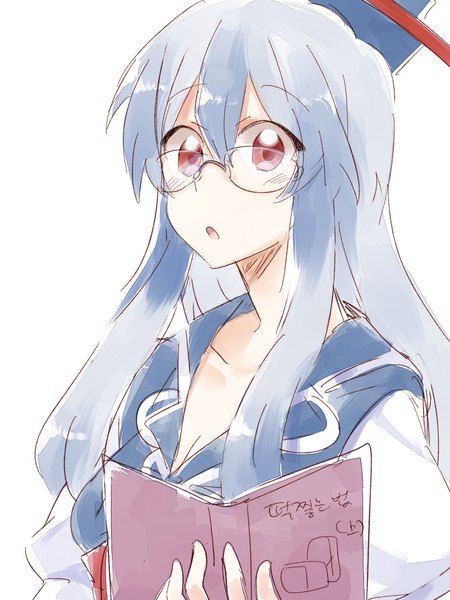 Anime picture 900x1200 with touhou kamishirasawa keine six (fnrptal1010) single long hair tall image looking at viewer blush open mouth simple background red eyes white background blue hair :o bespectacled girl hat glasses book (books)