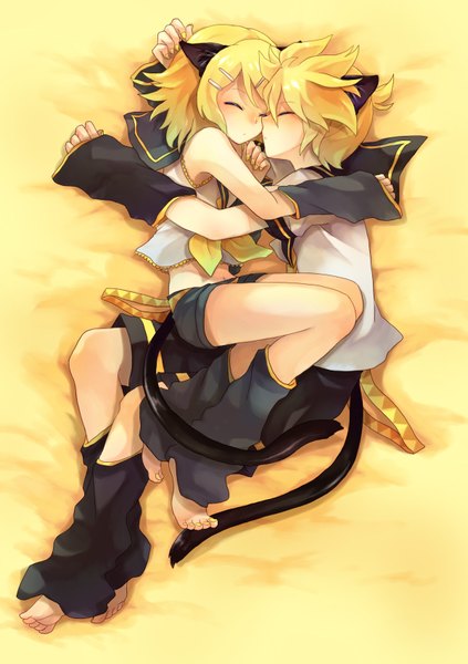 Anime picture 1200x1700 with vocaloid kagamine rin kagamine len hana (mew) tall image blush short hair simple background blonde hair bare shoulders animal ears lying eyes closed nail polish barefoot cat ears cat girl cat tail sleeping yellow background