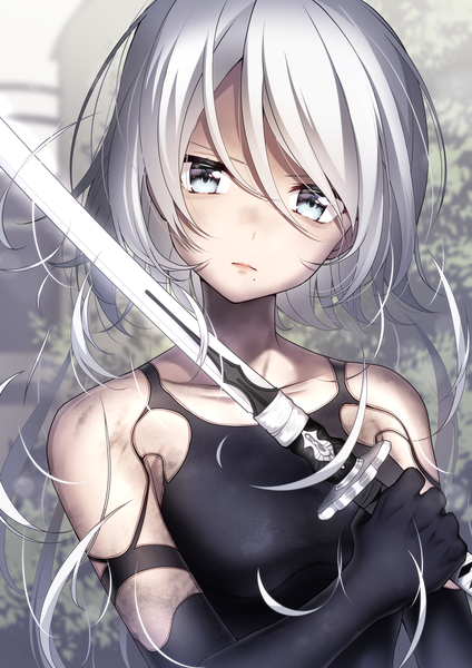 Anime picture 2894x4093 with nier nier:automata yorha type a no. 2 ichiren namiro single tall image looking at viewer blush fringe highres short hair blue eyes hair between eyes standing bare shoulders holding silver hair upper body outdoors head tilt