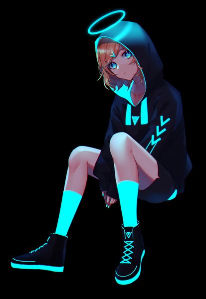 Anime picture 800x1160 with original peta (snc7) single tall image looking at viewer short hair blue eyes simple background sitting full body orange hair glowing black background symbol-shaped pupils + + girl socks shoes hairclip hood
