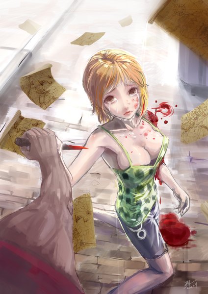 Anime picture 2480x3507 with one piece toei animation nami (one piece) b1944 tall image looking at viewer fringe highres short hair breasts light erotic blonde hair large breasts standing bare shoulders brown eyes sunlight tears muscle crying