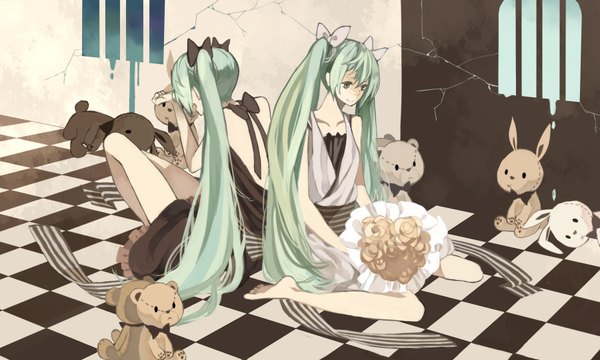 Anime picture 1800x1080 with vocaloid hatsune miku anbivarens (artist) long hair highres wide image twintails multiple girls aqua eyes aqua hair checkered floor back to back girl 2 girls toy stuffed animal bouquet teddy bear bunny prison cell