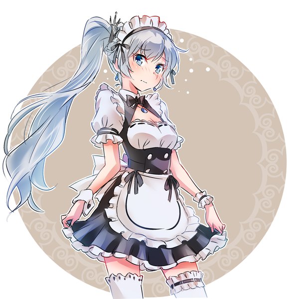 Anime picture 2236x2234 with rwby rooster teeth weiss schnee iesupa single long hair looking at viewer highres breasts blue eyes simple background silver hair short sleeves maid alternate costume zettai ryouiki puffy sleeves side ponytail scar center opening