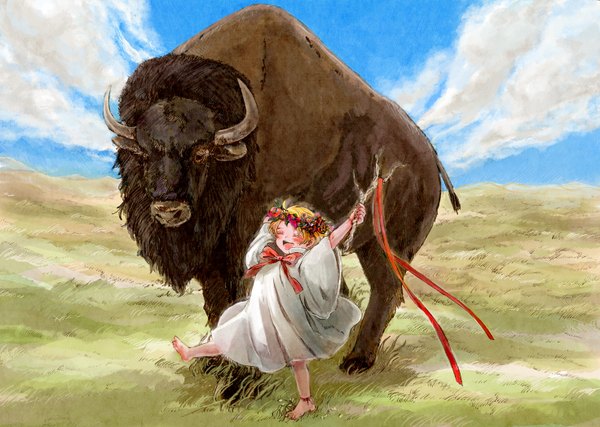 Anime picture 1472x1050 with axis powers hetalia studio deen united kingdom (hetalia) bison cangshu single blush short hair open mouth blonde hair sky cloud (clouds) ahoge eyes closed barefoot hair flower horn (horns) happy field laughing hair ornament