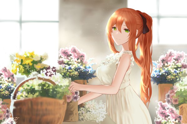 Anime picture 3000x2000 with girls frontline m1903 springfield (girls frontline) an yasuri single long hair looking at viewer fringe highres breasts smile standing green eyes signed payot ponytail orange hair girl dress flower (flowers) ribbon (ribbons)