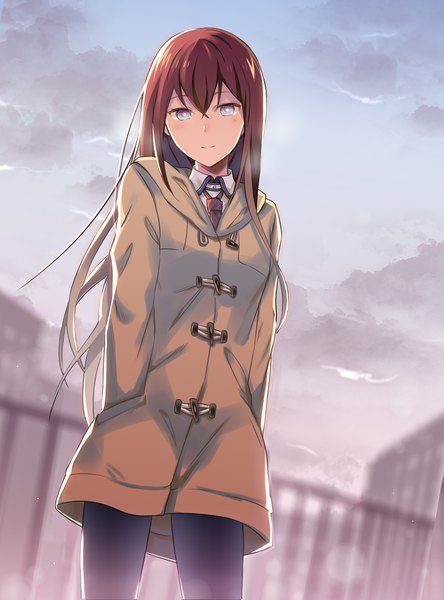 Anime picture 2500x3372 with steins;gate white fox makise kurisu namari single long hair tall image looking at viewer blush fringe highres smile hair between eyes brown hair standing holding sky cloud (clouds) outdoors blurry