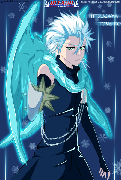 Anime picture 2000x2964 with bleach studio pierrot hitsugaya toushirou gold-mk single tall image fringe highres short hair hair between eyes green eyes white hair japanese clothes inscription coloring snow boy weapon sword wings