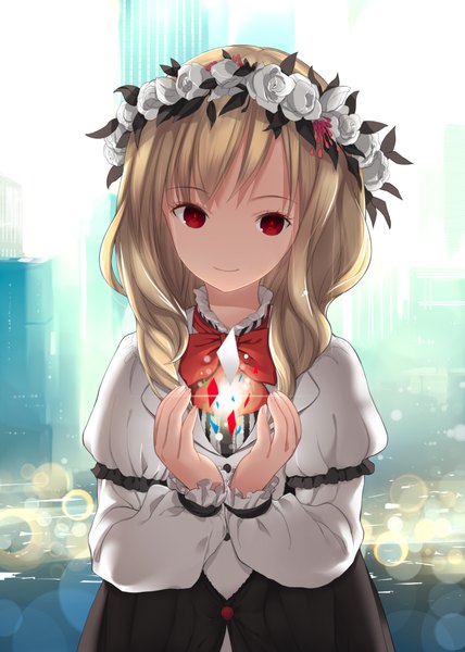 Anime picture 1488x2088 with original six_exit6 single long hair tall image looking at viewer fringe blonde hair smile red eyes magic girl flower (flowers) bow rose (roses) wreath white rose