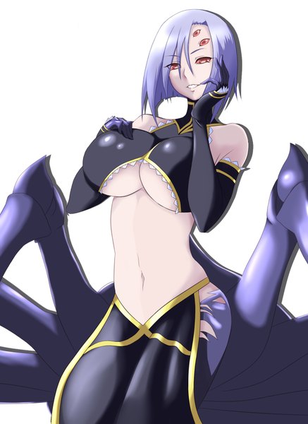 Anime picture 1400x1920 with monster musume no iru nichijou rachnera arachnera kooteitoku (koo0510) single tall image short hair breasts light erotic simple background red eyes white background purple hair huge breasts monster girl girl navel insect spider