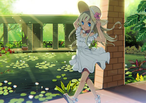 Anime picture 1840x1300 with kantai collection ro-500 submarine rugo single long hair looking at viewer highres open mouth blue eyes white hair girl dress flower (flowers) hat sundress straw hat sandals platform footwear