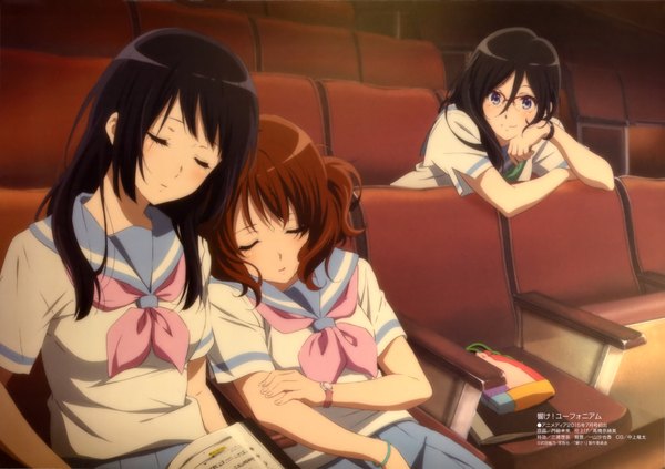 Anime picture 4084x2886 with hibike! euphonium kyoto animation kousaka reina oumae kumiko tanaka asuka long hair highres short hair blue eyes black hair brown hair sitting multiple girls absurdres eyes closed official art sleeping girl uniform school uniform