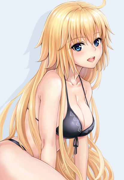 Anime picture 1024x1482 with fate (series) fate/apocrypha jeanne d'arc (fate) (all) jeanne d'arc (swimsuit archer) shinno single long hair tall image looking at viewer blush fringe breasts open mouth blue eyes light erotic simple background blonde hair smile hair between eyes large breasts