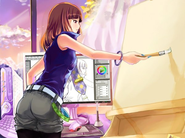Anime picture 1920x1440 with original arthuridea single long hair blush highres brown hair bare shoulders brown eyes sky cloud (clouds) ass nail polish girl necktie shorts bracelet window wire (wires) paintbrush