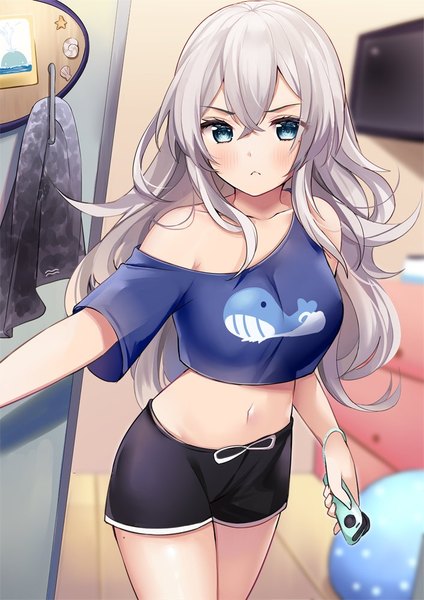 Anime picture 707x1000 with original sanyu (ry thae) ry thae single long hair tall image looking at viewer blush fringe breasts blue eyes hair between eyes standing bare shoulders holding silver hair indoors blurry off shoulder mole