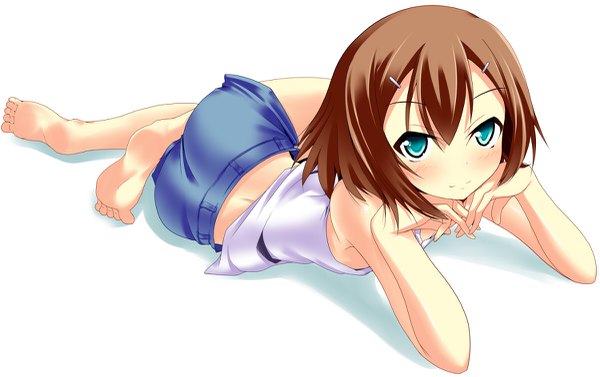 Anime picture 1200x755 with baka to test to shoukanjuu silver link kinoshita hideyoshi nana (artist) single looking at viewer blush fringe short hair blue eyes simple background hair between eyes brown hair white background full body lying barefoot on stomach otoko no ko chin rest