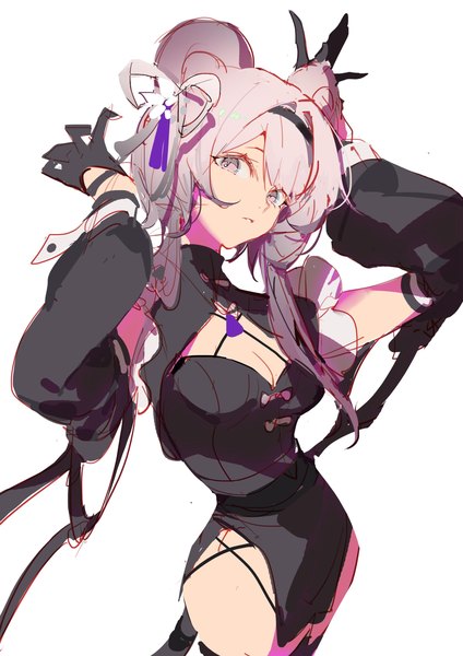 Anime-Bild 2480x3508 mit arknights lin yuhsia (arknights) indai (3330425) single long hair tall image looking at viewer highres light erotic simple background white background animal ears cleavage silver hair head tilt arms up silver eyes sketch mouse ears girl