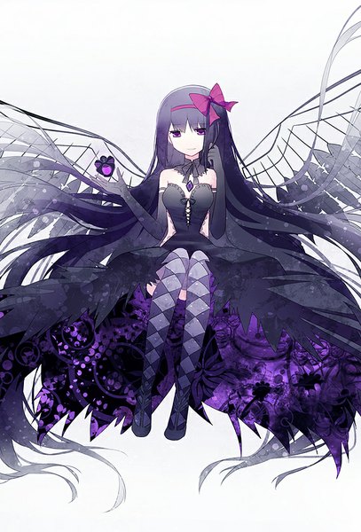 Anime picture 679x1000 with mahou shoujo madoka magica shaft (studio) akemi homura akuma homura cuivre single tall image looking at viewer black hair simple background white background sitting purple eyes very long hair magical girl rhombus girl thighhighs dress gloves