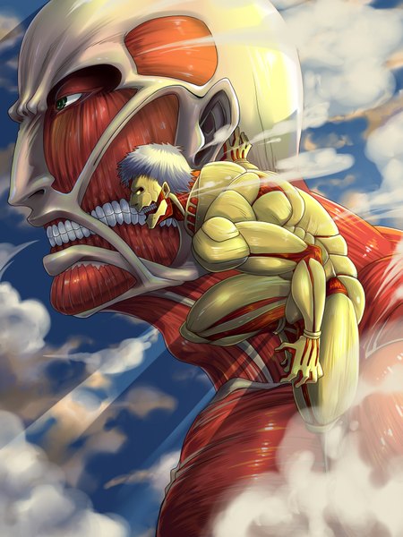 Anime picture 1440x1920 with shingeki no kyojin production i.g bertolt hoover reiner braun colossal titan armored titan tall image short hair sky cloud (clouds) white hair giant titans