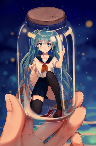 Anime picture 1122x1708 with vocaloid hatsune miku ama (997841291) tall image looking at viewer blush fringe light erotic hair between eyes twintails holding full body very long hair parted lips pleated skirt aqua eyes aqua hair pantyshot kneeling solo focus