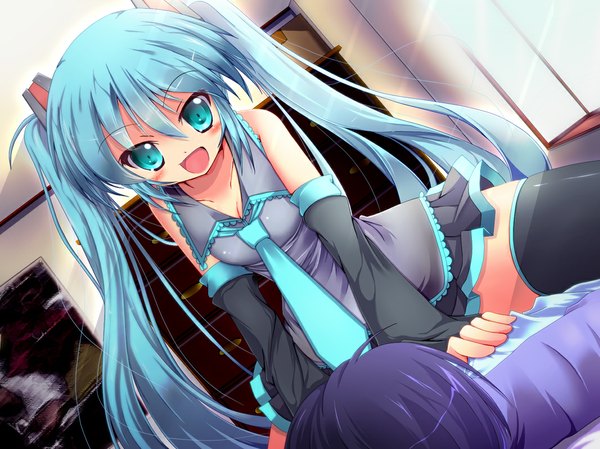 Anime picture 1067x800 with vocaloid hatsune miku rankiryuu blush open mouth twintails bare shoulders very long hair aqua eyes aqua hair girl thighhighs skirt black thighhighs detached sleeves miniskirt necktie vest