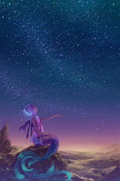 イラスト 798x1200 と オリジナル hiko (scape) ソロ 長身像 座る 空 purple hair プロフィール night dark skin glowing looking up horizon mountain rock mutation 女の子 星 mermaid jellyfish
