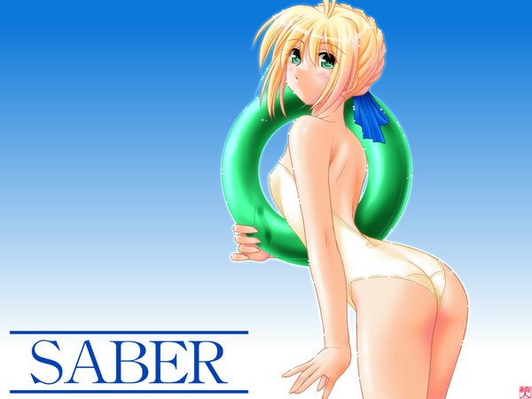 Anime picture 1024x768 with fate (series) fate/stay night studio deen type-moon artoria pendragon (all) saber ayato light erotic blonde hair green eyes ass wallpaper swimsuit one-piece swimsuit swim ring