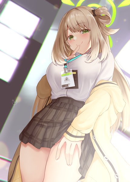 Anime picture 1250x1748 with blue archive nonomi (blue archive) narushima kanna single long hair tall image looking at viewer blush fringe breasts light erotic smile brown hair large breasts standing green eyes indoors blunt bangs long sleeves head tilt