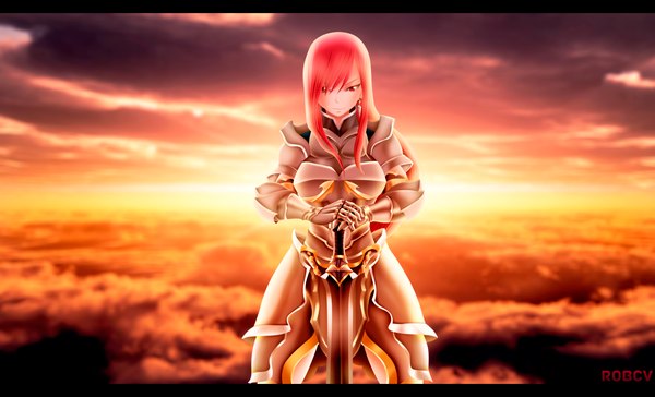 Anime picture 4215x2564 with fairy tail erza scarlet robcv single long hair highres smile red eyes wide image absurdres sky cloud (clouds) red hair sunlight coloring evening sunset girl weapon earrings