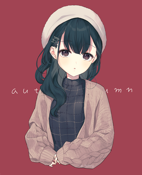 Anime picture 710x873 with original silltare single long hair tall image looking at viewer fringe black hair simple background upper body black eyes red background girl hair ornament hairclip beret cardigan heart hair ornament