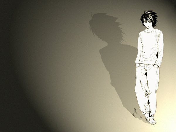 Anime picture 1024x768 with death note madhouse l (death note) single looking at viewer short hair black hair standing black eyes shadow hands in pockets boy