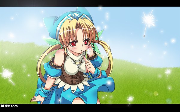 Anime picture 1920x1200 with dlsite.com highres blonde hair red eyes wide image twintails flower (flowers) plant (plants) hat detached sleeves grass dandelion malino