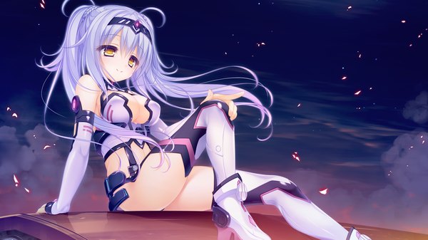 イラスト 1920x1080 と ワールド・エレクション whirlpool (studio) kururu (world election) ソロ 長髪 カメラ目線 highres おっぱい light erotic 笑顔 wide image 黄色眼 青い髪 game cg ポニーテール 女の子 髪飾り 袖だけ ブーツ 長靴