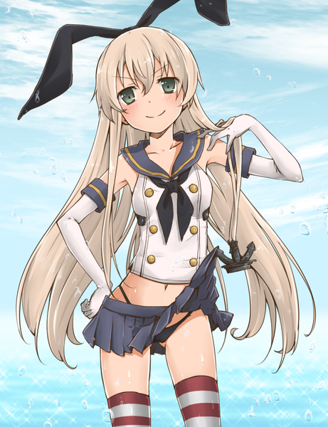 Anime picture 769x1000 with kantai collection shimakaze destroyer banchii single long hair tall image looking at viewer blush light erotic blonde hair smile green eyes hand on hip adjusting hair ass visible through thighs skirt lift girl thighhighs skirt gloves