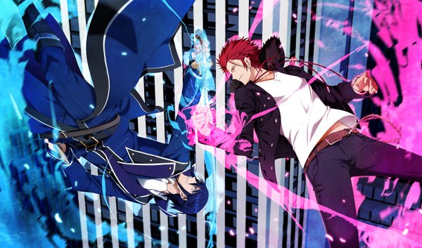Anime picture 1340x790 with k-project gohands (studio) mikoto suoh munakata reishi yun (neo) short hair open mouth black hair smile red eyes wide image purple eyes purple hair open clothes open jacket multiple boys battle smirk attack boy