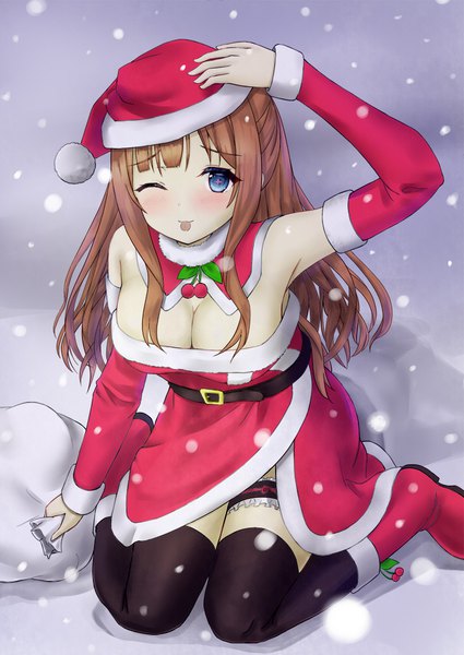 Anime picture 725x1024 with virtual youtuber .live kakyouin chieri menonune single long hair tall image looking at viewer blush fringe breasts blue eyes light erotic brown hair large breasts sitting holding cleavage one eye closed arm up