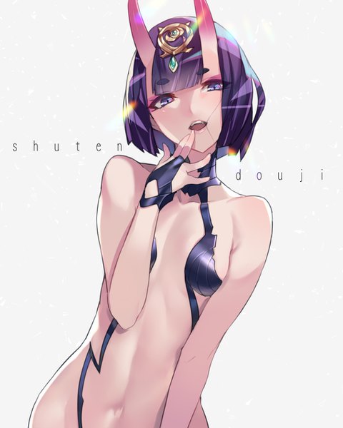 Anime picture 1024x1280 with fate (series) fate/grand order shuten douji (fate) ban! (bansankan) single tall image looking at viewer fringe short hair breasts open mouth light erotic simple background standing white background purple eyes bare shoulders purple hair horn (horns) character names