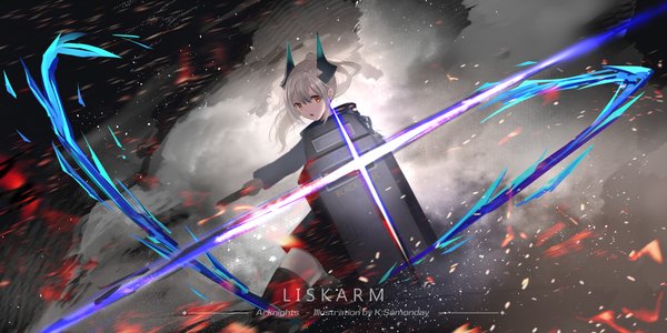 Anime picture 4000x2000 with arknights liskarm (arknights) ksartworks single long hair looking at viewer fringe highres open mouth hair between eyes wide image standing brown eyes outdoors white hair ponytail horn (horns) :o zettai ryouiki copyright name