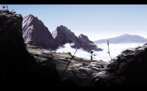 Anime picture 1680x1050 with afro samurai single wide image mountain landscape fog afro boy weapon sword katana leaf (leaves)