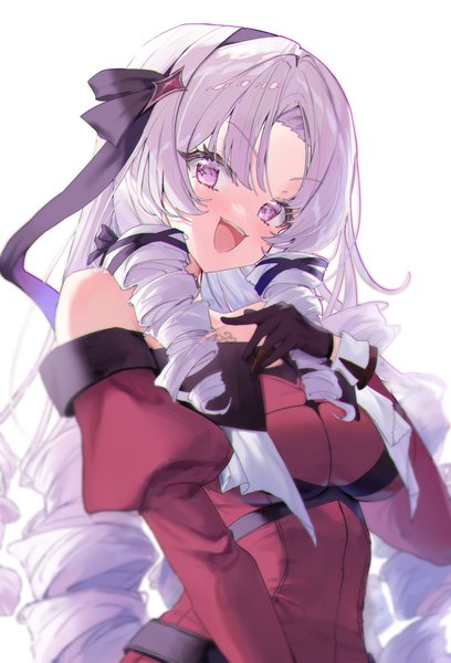 Anime picture 3492x5139 with virtual youtuber nijisanji hyakumantenbara salome hyakumantenbara salome (1st costume) 00nanona single long hair tall image looking at viewer highres open mouth simple background white background purple eyes absurdres purple hair upper body :d drill hair girl