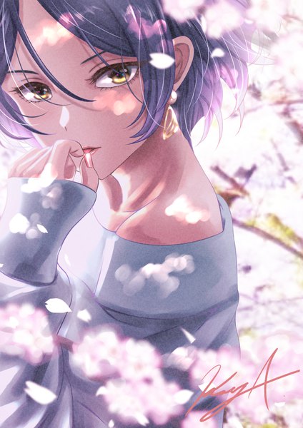 Anime picture 955x1351 with idolmaster idolmaster cinderella girls hayami kanade koya (koya x 00) single tall image looking at viewer short hair open mouth bare shoulders signed yellow eyes purple hair upper body outdoors long sleeves nail polish arm up blurry off shoulder